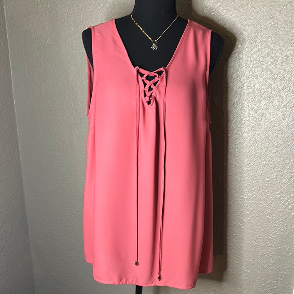 TERRA & SKY Sleeveless Lace-Up Blouse in coral